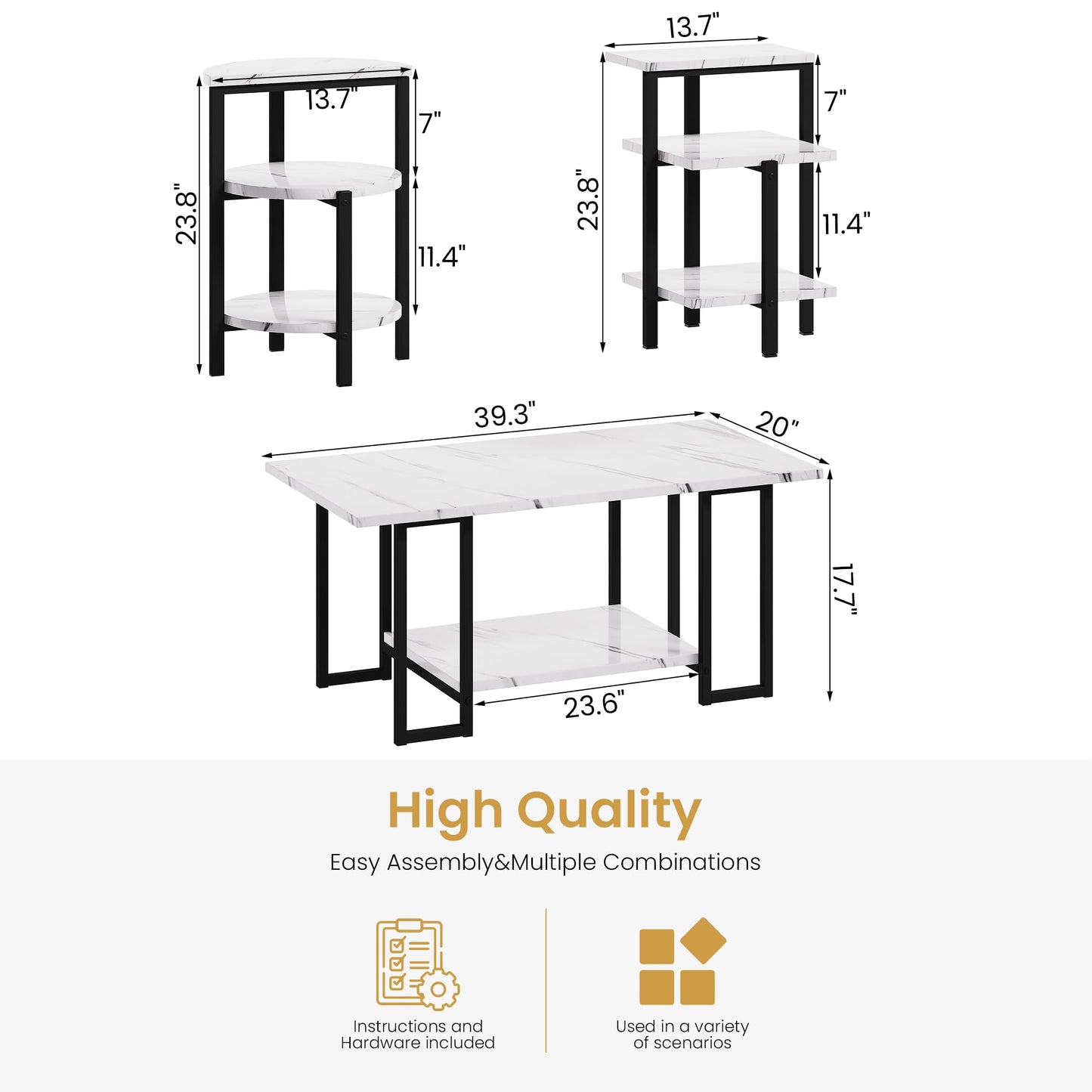 DKLGG 3-Piece Coffee Table Set - Stylish Rectangular Table with Two Matching Accent Tables