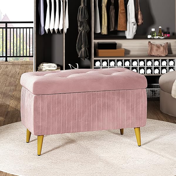 DKLGG Stylish Large Storage Ottoman - 47.24” Velvet Design in Gold and Pink for Your Home
