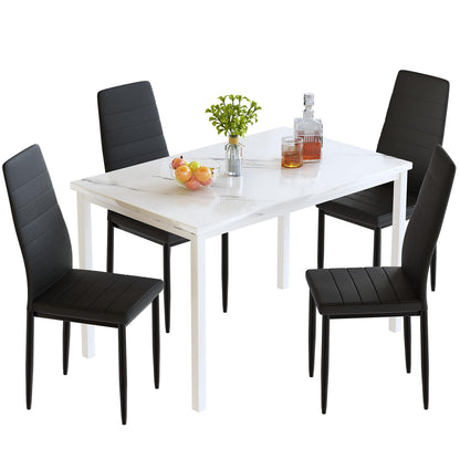 DKLGG Stylish 5-Piece Dining Table with 4 PU Leather Chairs – Faux Marble Finish