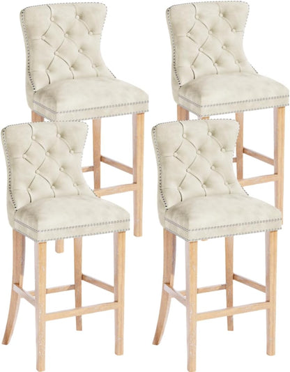 DKLGG 27” High Velvet Tufted Bar Stools - Luxurious Beige Set of 4 for Modern Spaces