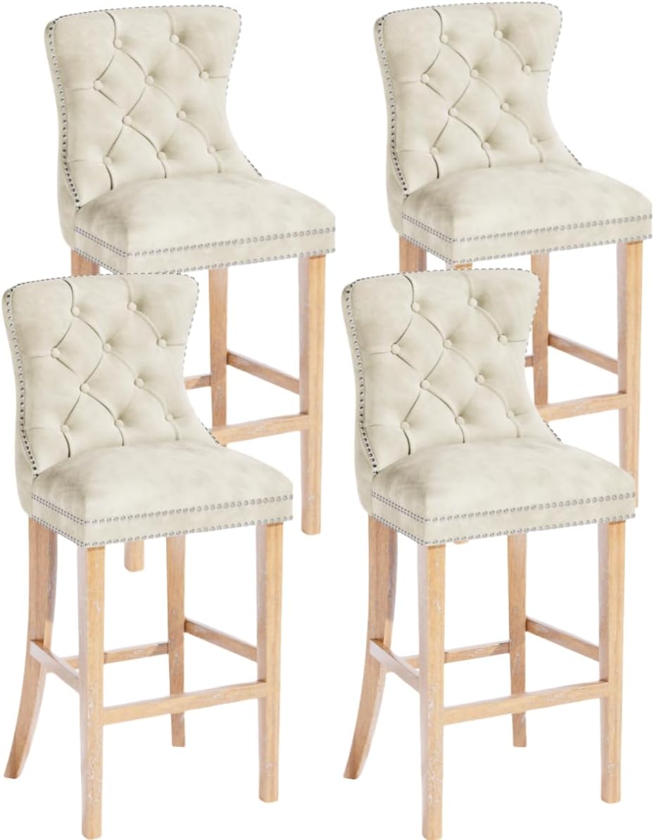 DKLGG Beige Velvet High Bar Stools Set of 4 - 27” Island Kitchen Counter Stools