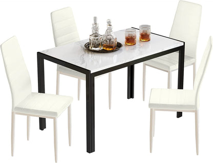 DKLGG Stylish 5-Piece Dining Table with 4 PU Leather Chairs – Faux Marble Finish