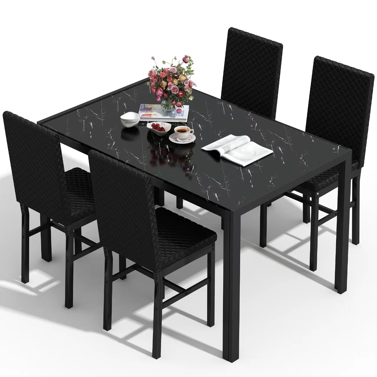 DKLGG 5-Piece Glass Kitchen Table Set, 4 PU Leather Chairs, Black - Modern and Stylish