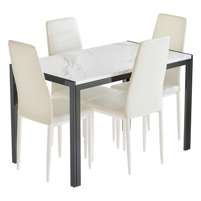 DKLGG Stylish 5-Piece Dining Table with 4 PU Leather Chairs – Faux Marble Finish