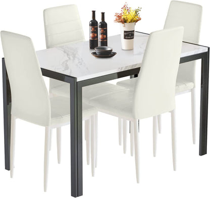 DKLGG Stylish 5-Piece Dining Table with 4 PU Leather Chairs – Faux Marble Finish