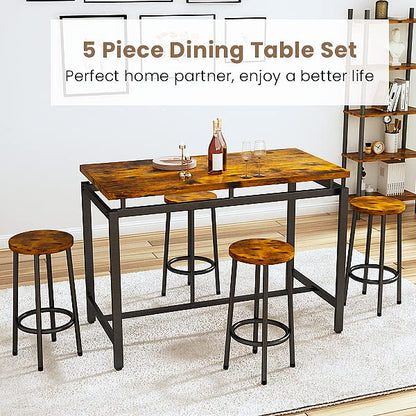 DKLGG 4-Person Wooden Barstool Dining Table and Chair Set of 5, Rustic Brown - Classic Elegance