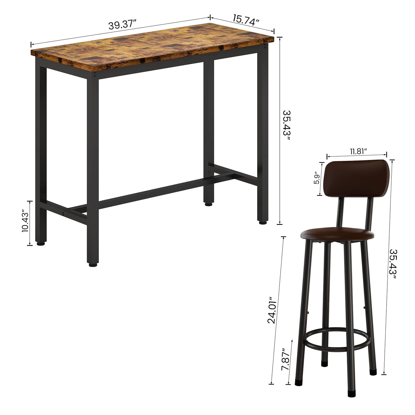 DKLGG Industrial style bar height table set of 3 pieces - brown and black with 2 PU leather chairs