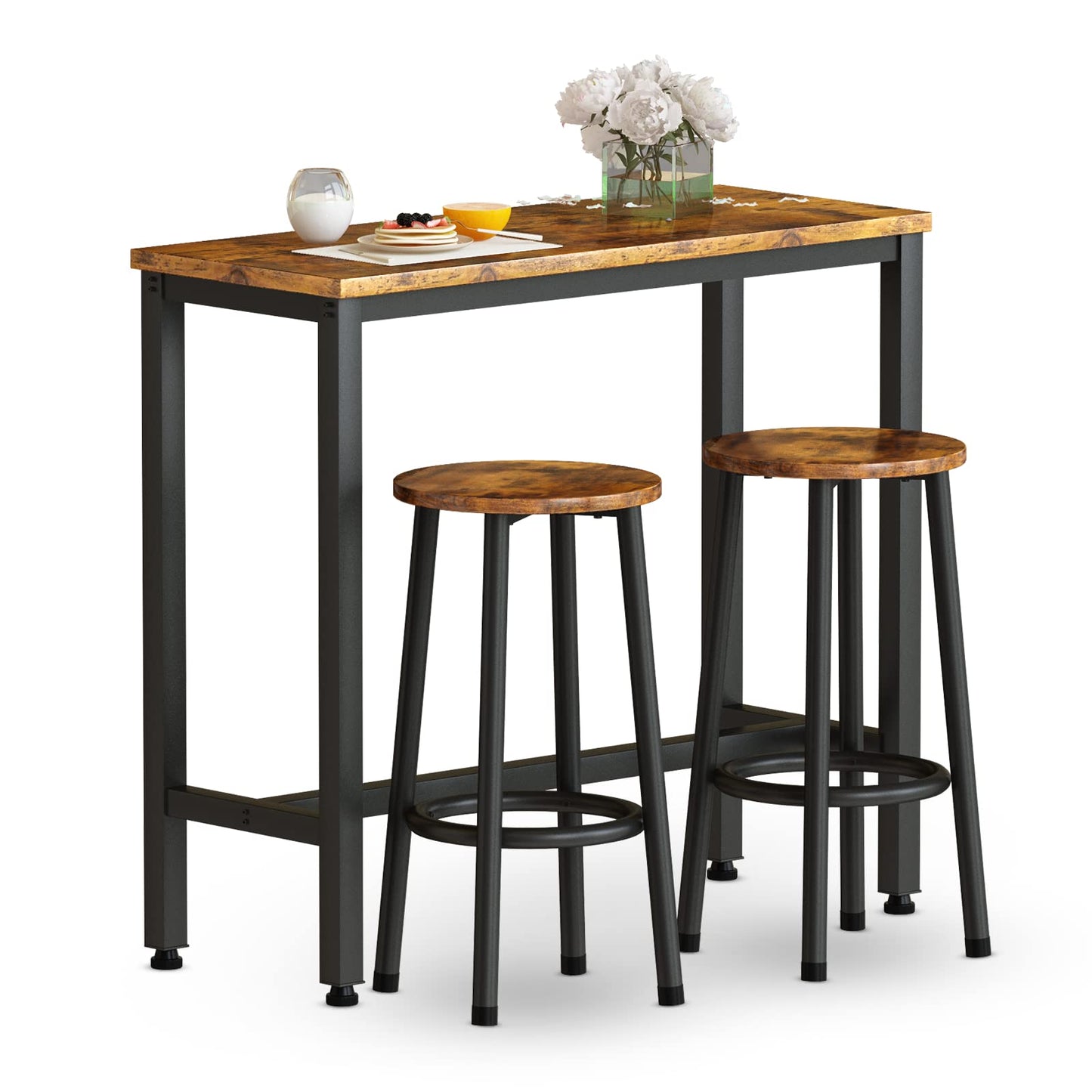 DKLGG Industrial style bar height table set of 3 pieces - brown and black with 2 PU leather chairs