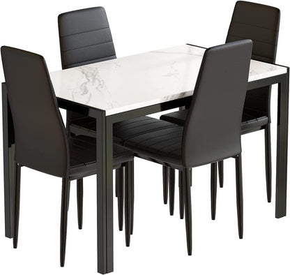 DKLGG Stylish 5-Piece Dining Table with 4 PU Leather Chairs – Faux Marble Finish