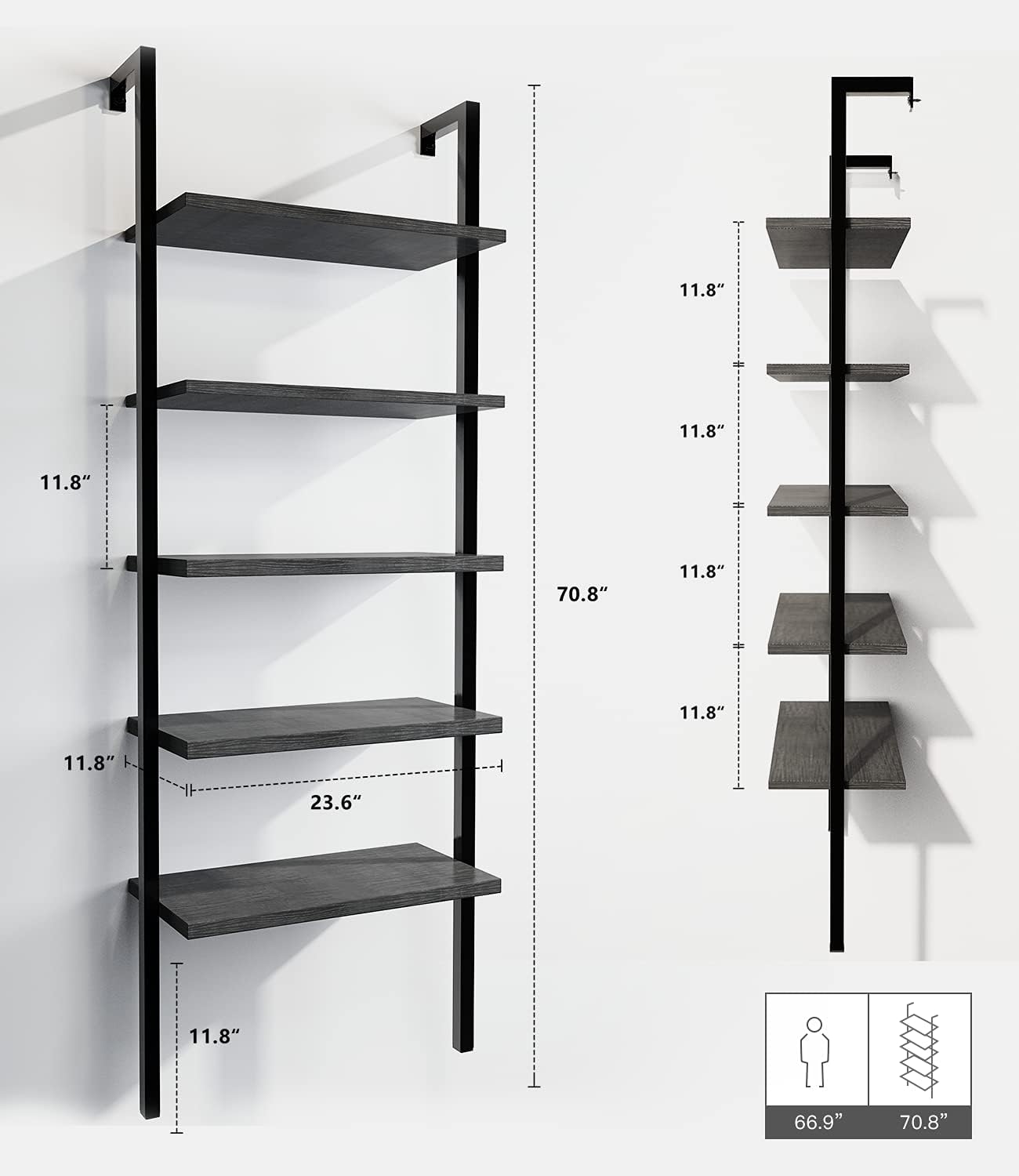 DKLGG 5-Tier Wall Mounted Bookcase - Industrial Ladder Shelf for Home Organization