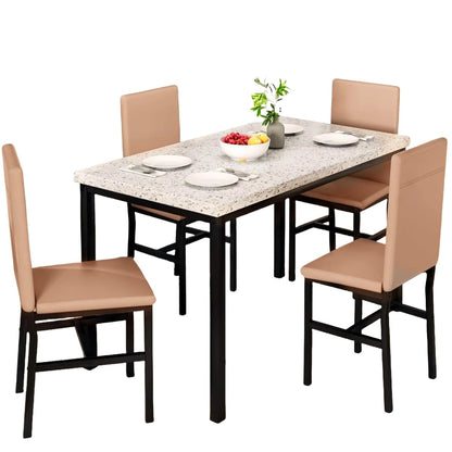 DKLGG Faux Marble Dining Set for 4 - 5-Piece Table and Leather Chairs in Elegant Khaki