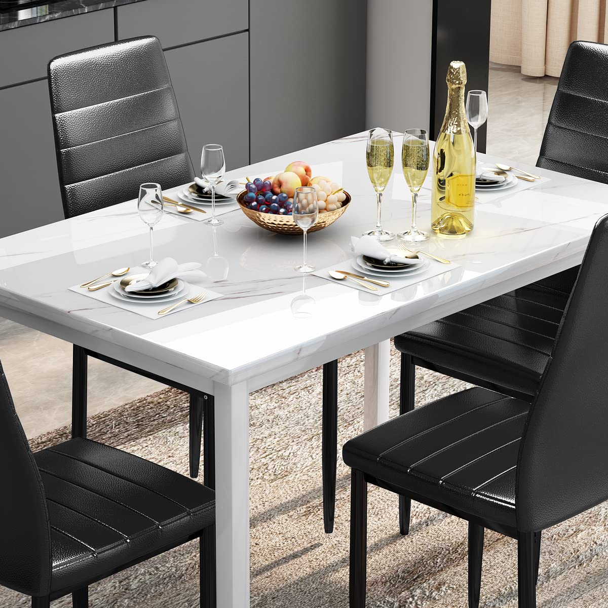 DKLGG Dining Table Set for 4 - Elegant Marble Table with Comfortable PU Leather Seating