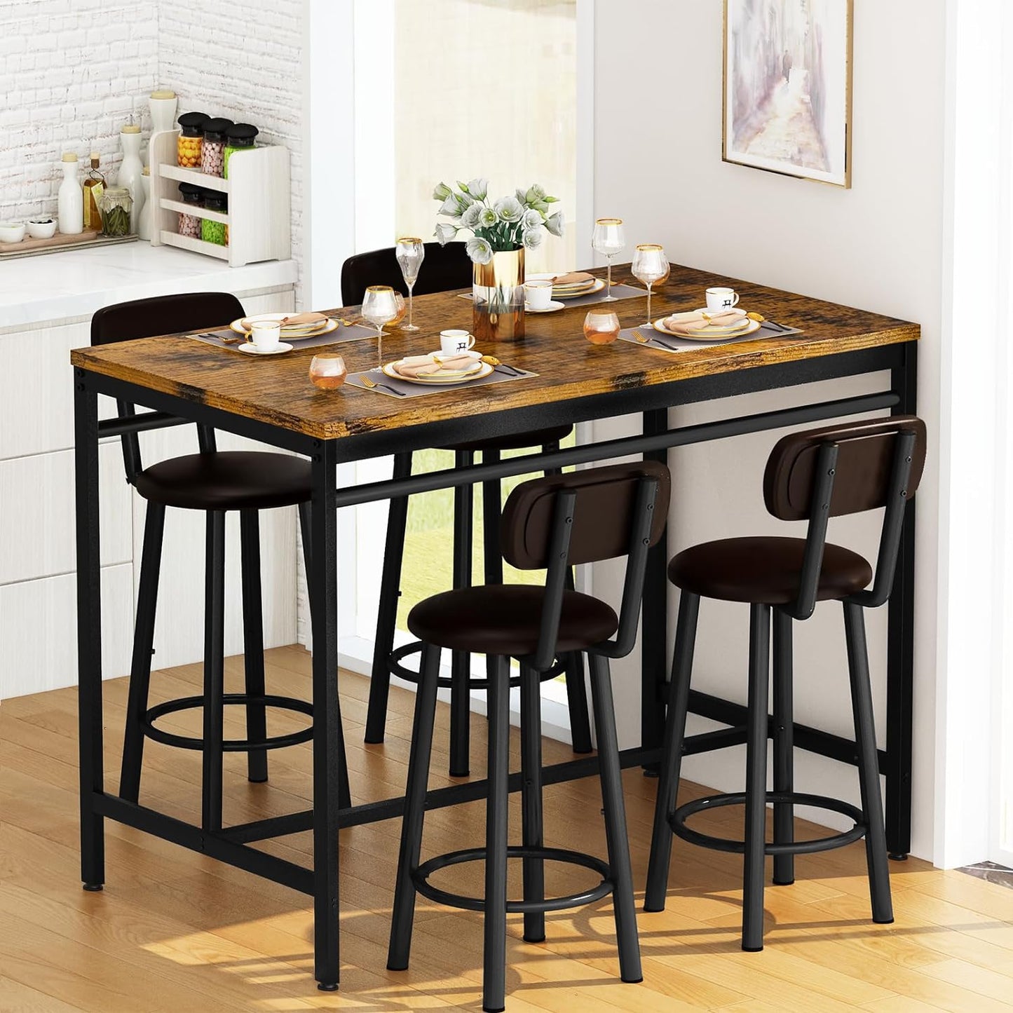 DKLGG Rustic Brown 4-Seater Dining Table Set - Perfect for Kitchen and Bar Areas