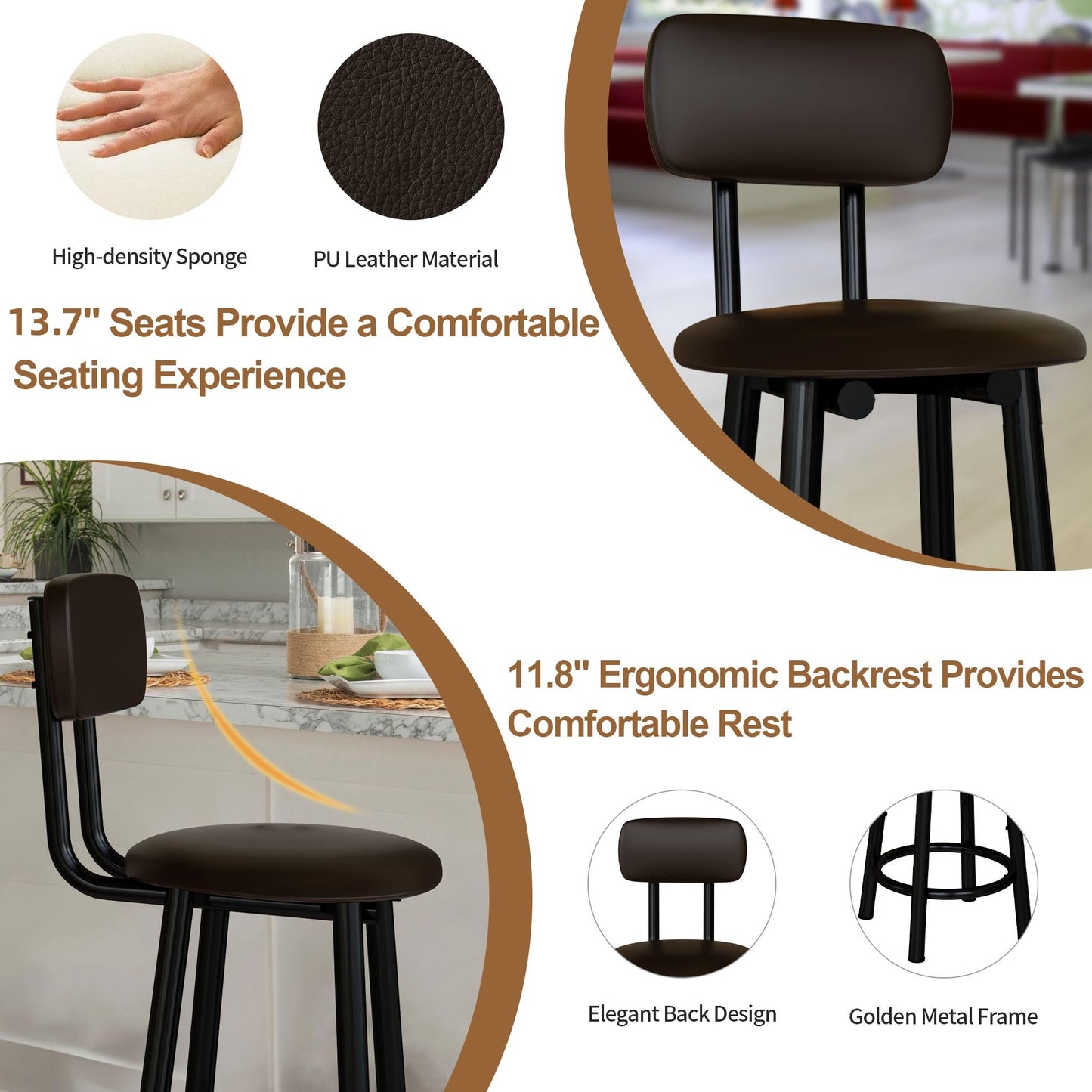 DKLGG Set of 4 PU Leather Bar Stools - High Chairs with Backrest in Elegant Gold Design