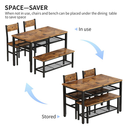 DKLGG 4-Piece Dining Table Set for 4 - Rustic Brown Table with Built-In Storage Shelves