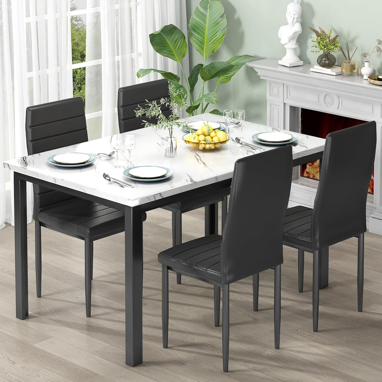 DKLGG4 Faux Marble Dining Table Set of 4, (White and Black)