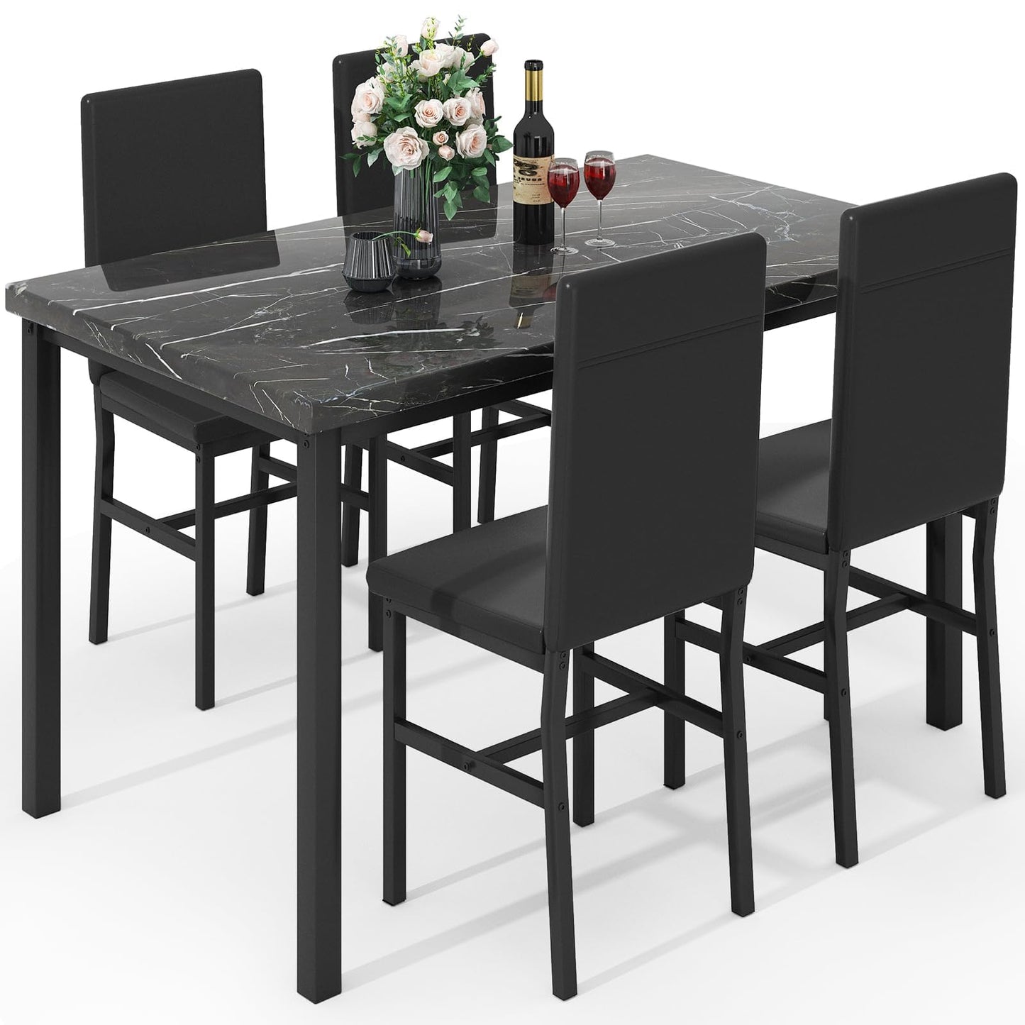 DKLGG Faux Marble Dining Set for 4 - 5-Piece Table and Leather Chairs in Elegant Khaki