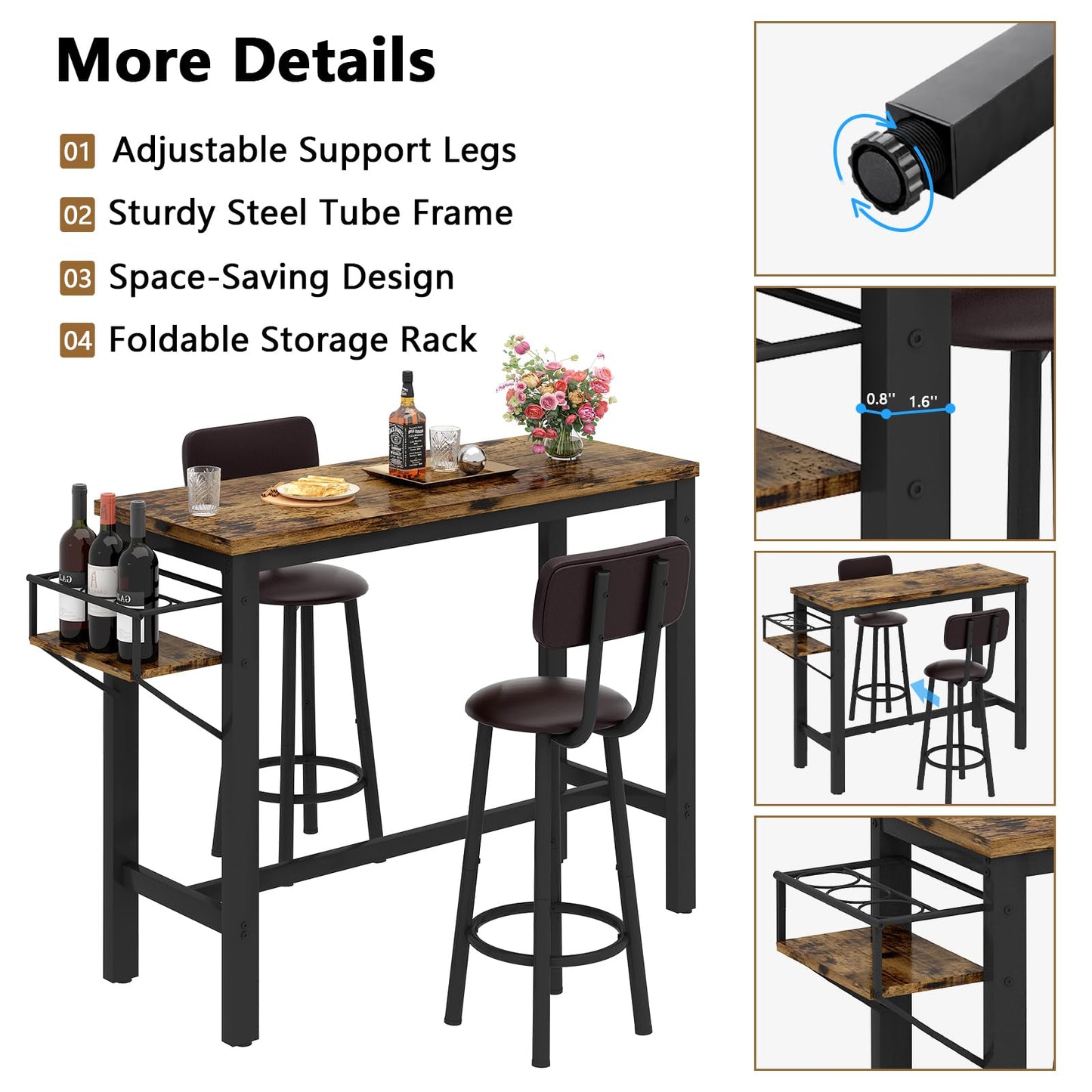 DKLGG Compact Kitchen Table Set - Bar Table and 3 Chairs for Small Spaces