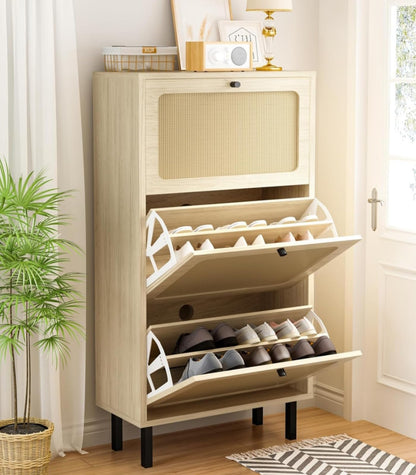 DKLGG Free Standing Shoe Organizer - Natural Finish with 3 Rattan Flip-Up Drawers