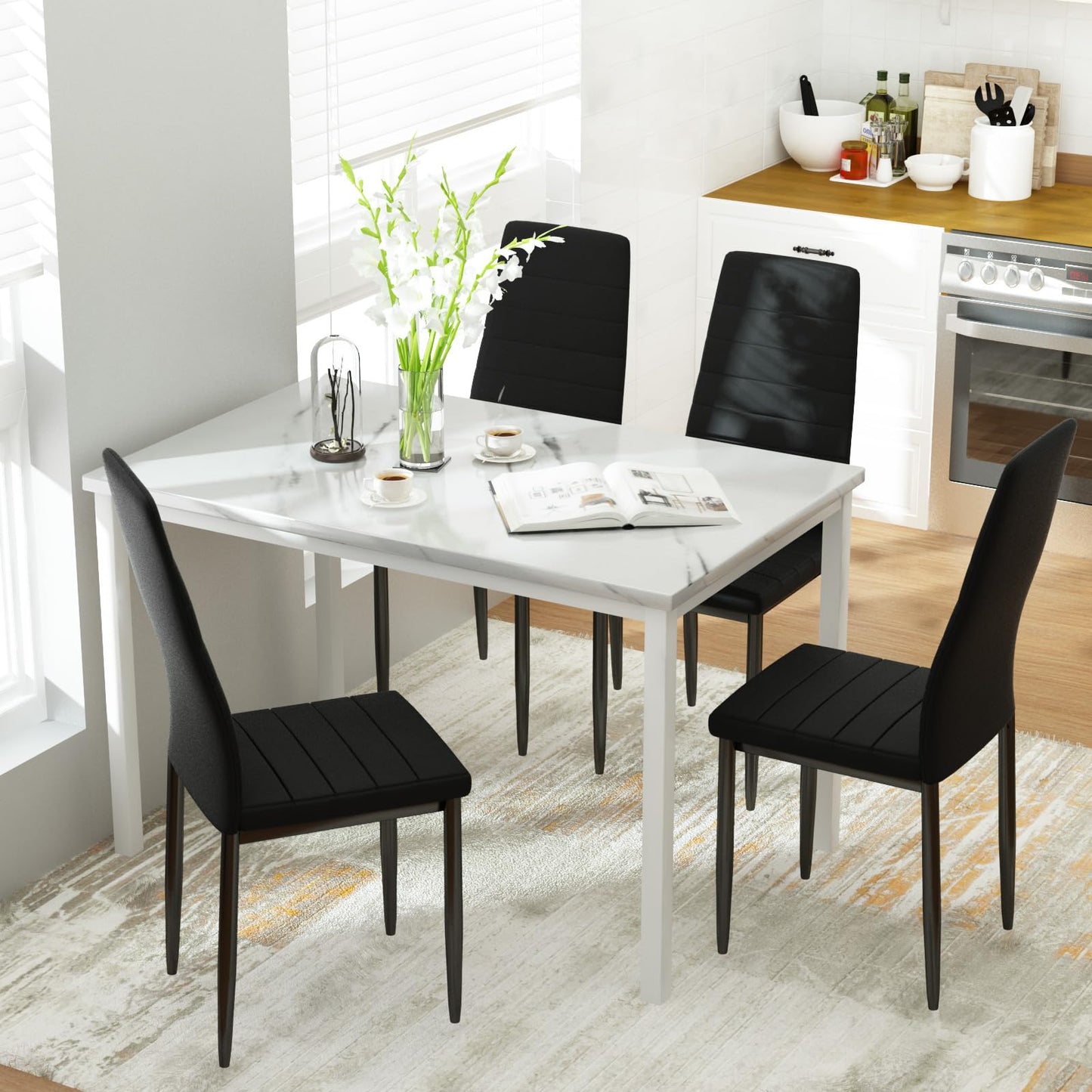 DKLGG Stylish 5-Piece Dining Table with 4 PU Leather Chairs – Faux Marble Finish