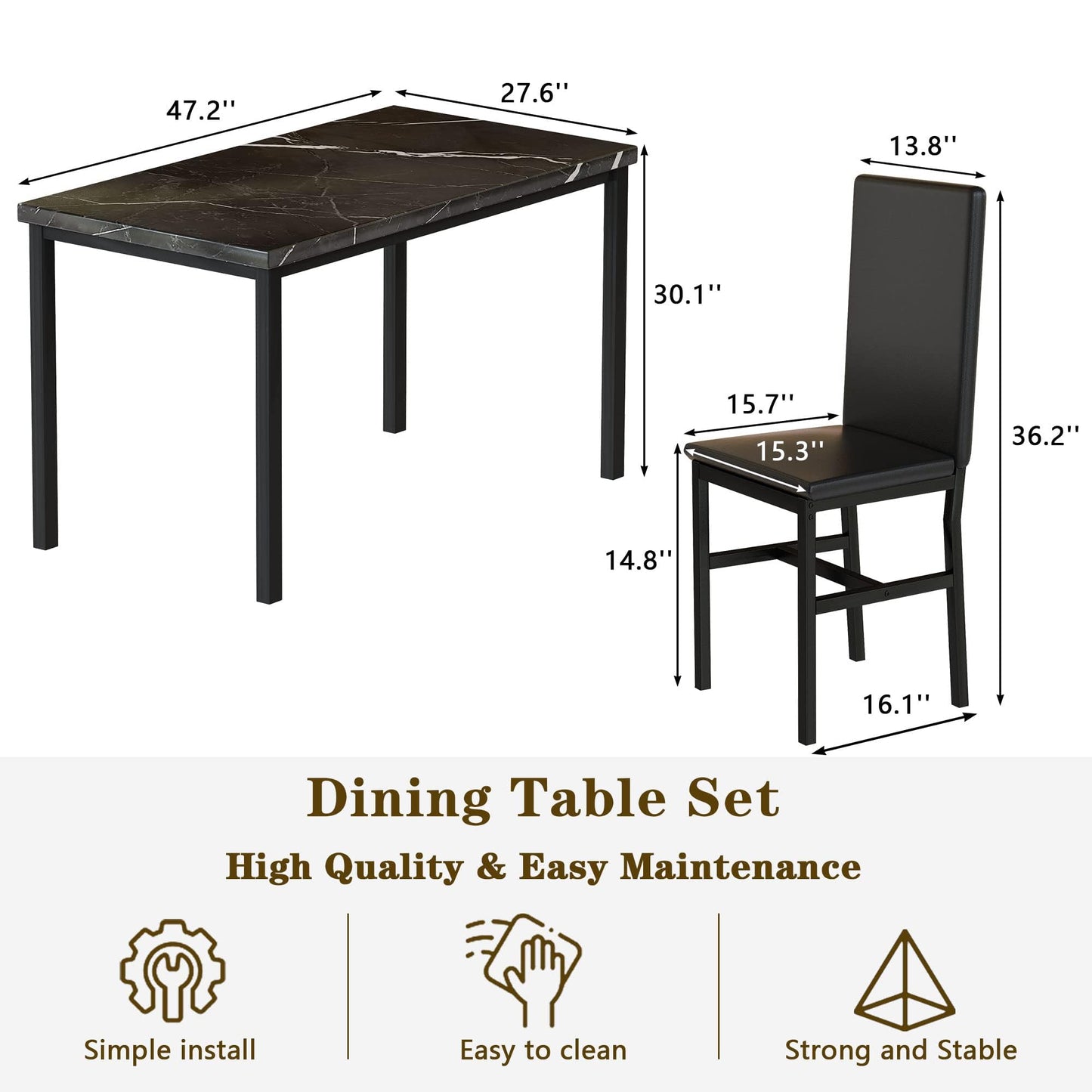 DKLGG Faux Marble Dining Set for 4 - 5-Piece Table and Leather Chairs in Elegant Khaki