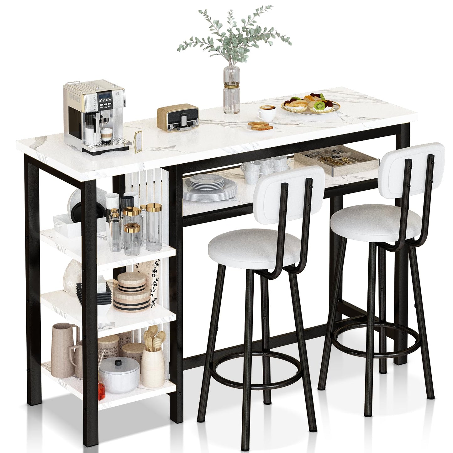 DKLGG 4-Piece Faux Marble Dining Set - Ideal for 3-6 People with Convenient Folding Table Leaf