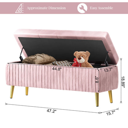 DKLGG Stylish Large Storage Ottoman - 47.24” Velvet Design in Gold and Pink for Your Home
