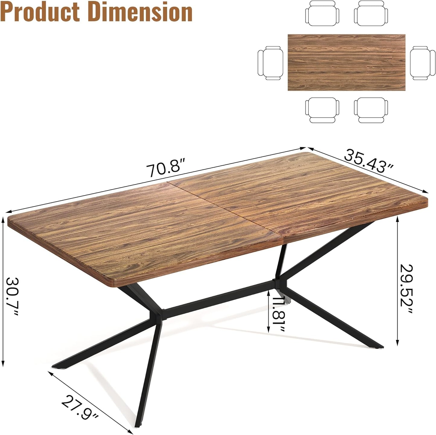 DKLGG 70.87-Inch Large Rectangular Kitchen Table in Rustic Brown + Black Finish