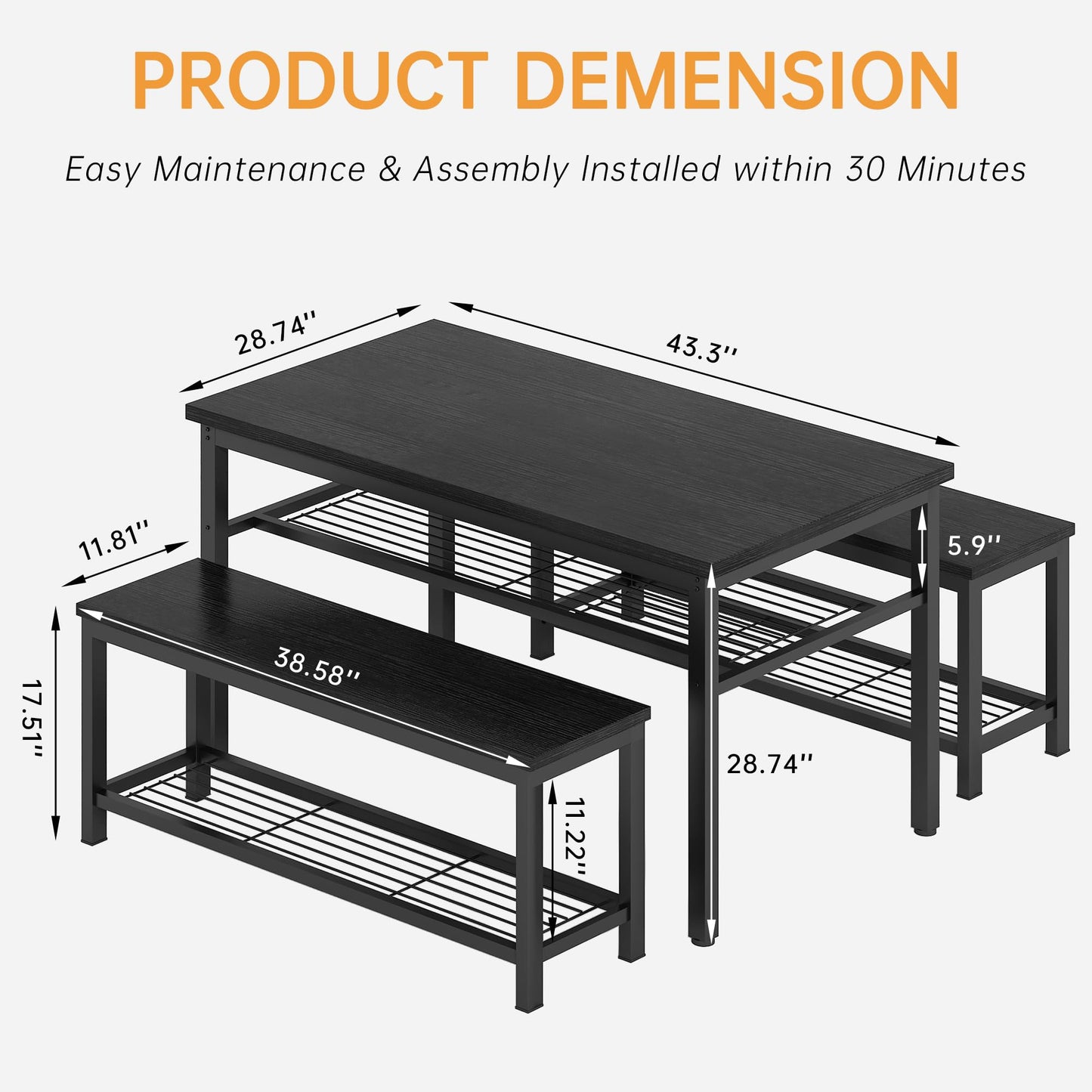 DKLGG Rustic 3-Piece Dining Table Set for 4 - Stylish Storage Solution for Family Meals