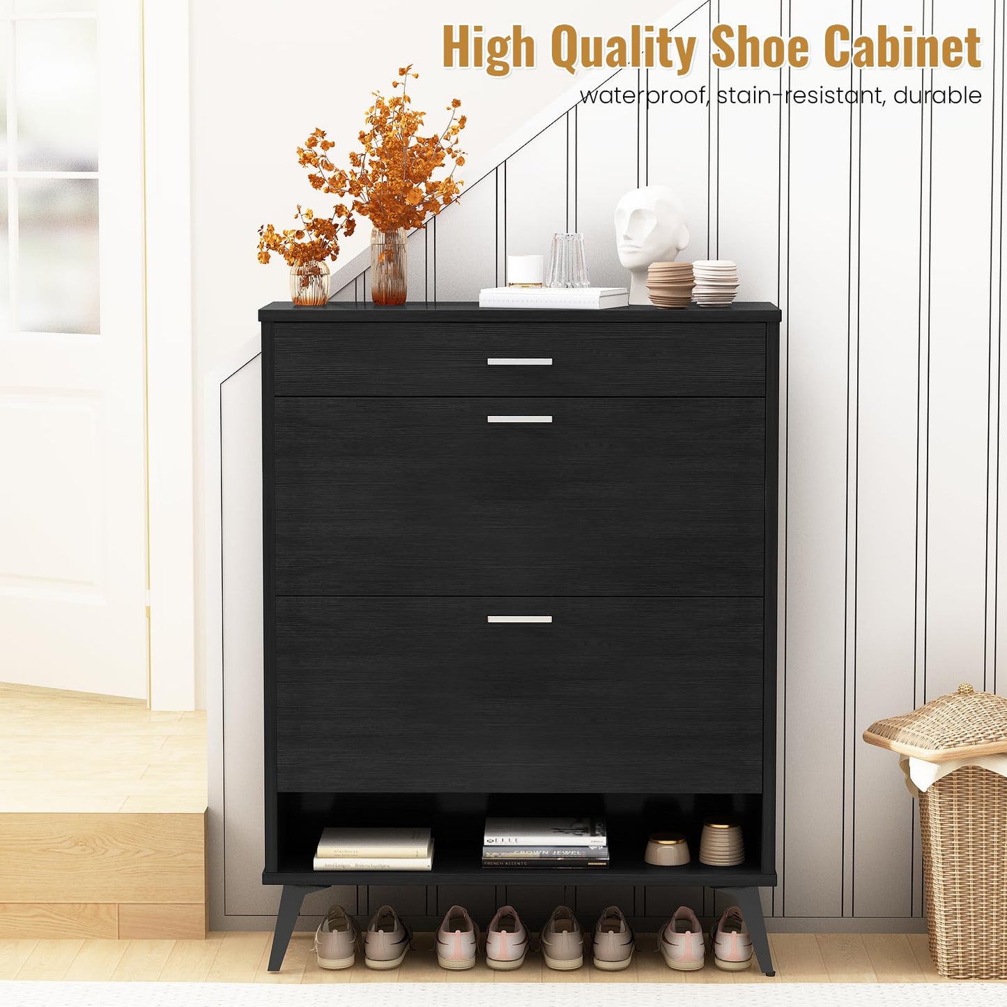 DKLGG Entryway Shoe Cabinet - Freestanding Gray Organizer with 2 Flip-Flop Drawers