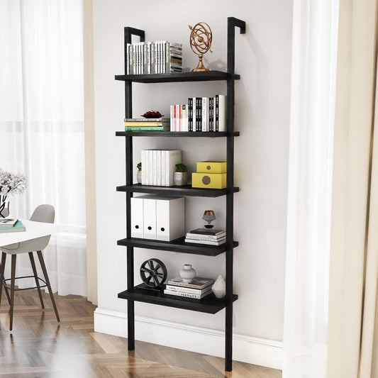 DKLGG 5-Tier Wall Mounted Bookcase - Industrial Ladder Shelf for Home Organization