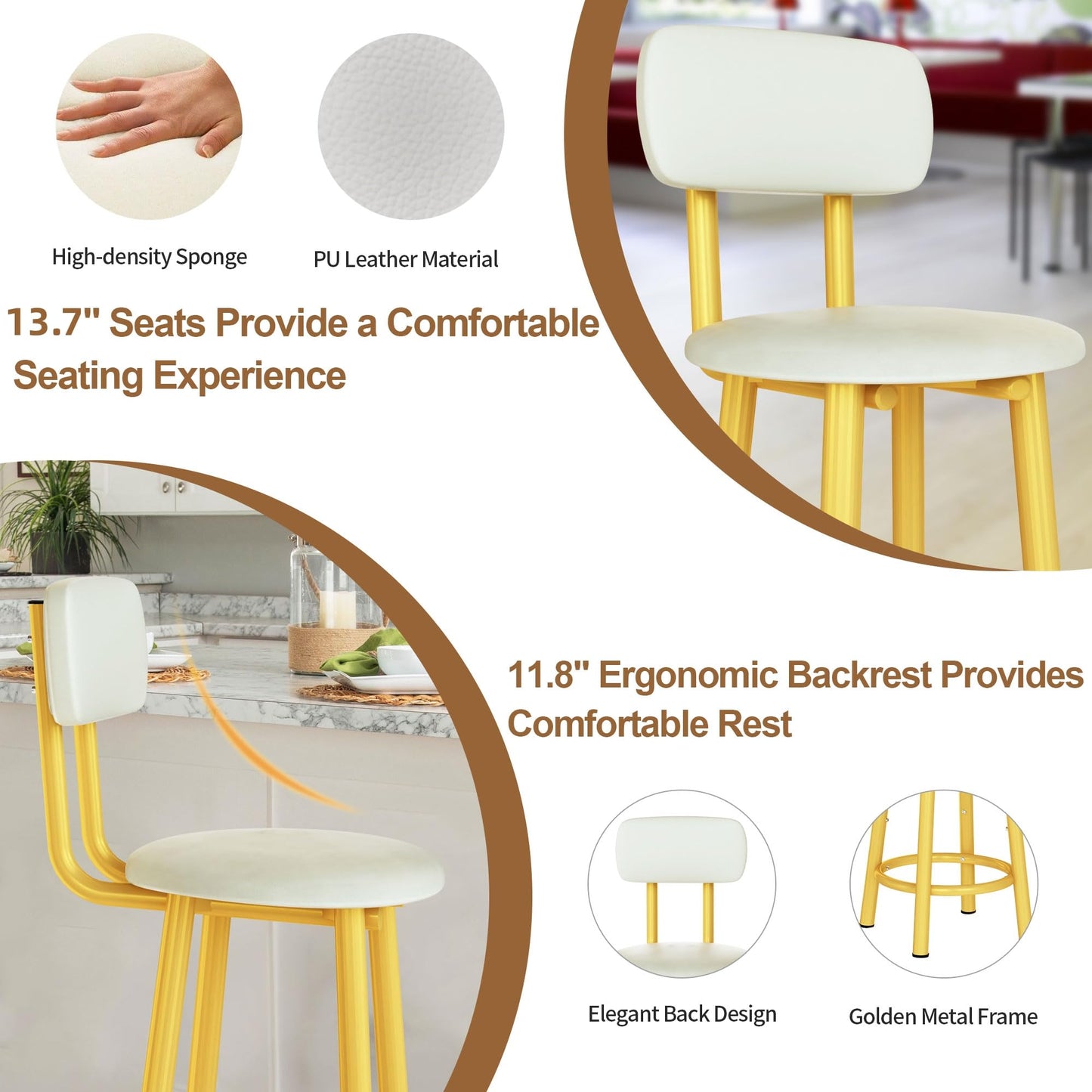 DKLGG Set of 4 PU Leather Bar Stools - High Chairs with Backrest in Elegant Gold Design