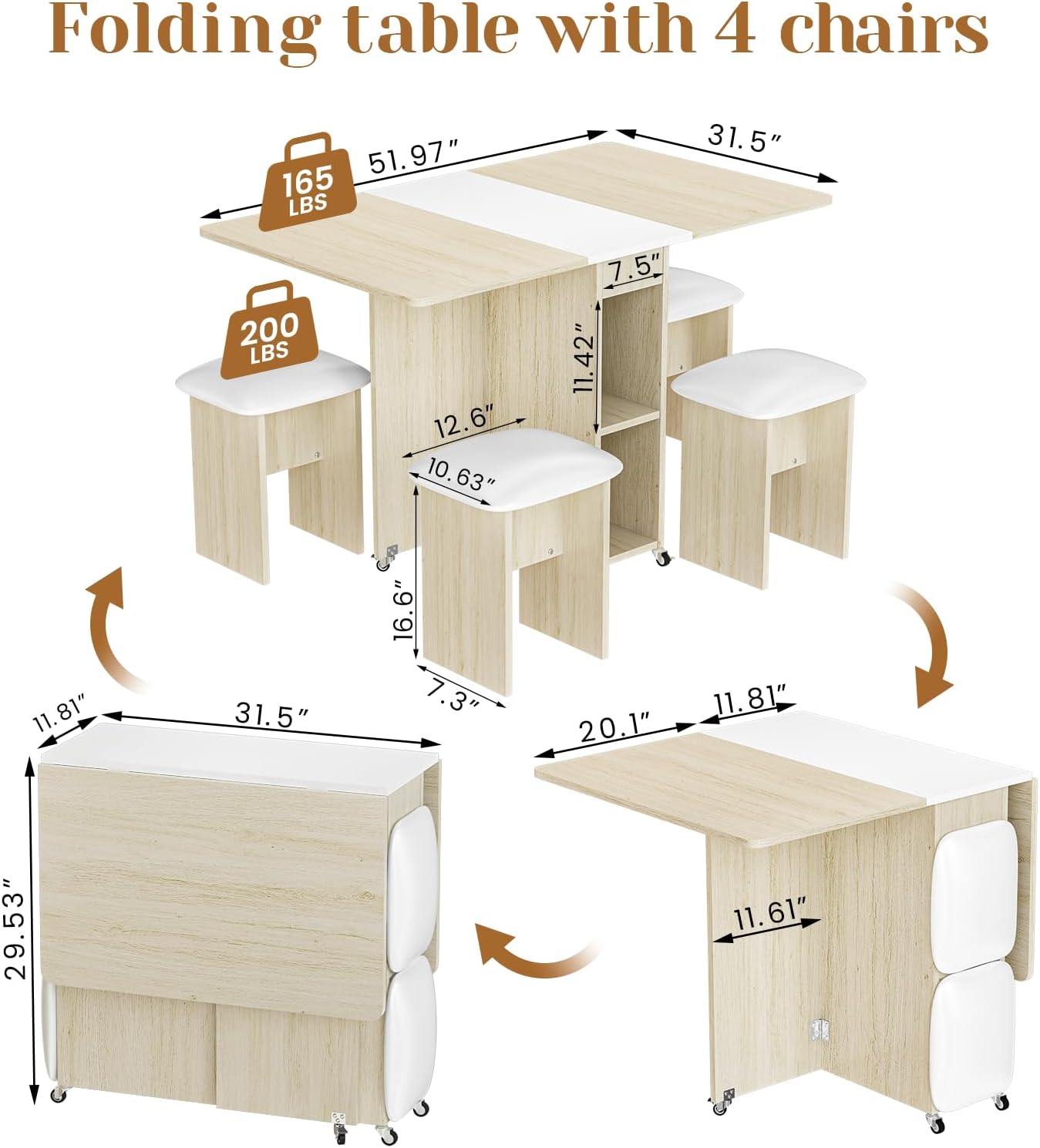 DKLGG Compact Folding Dining Table Set for 4 - Beige with 4 Stylish Leather Chairs and Shelf