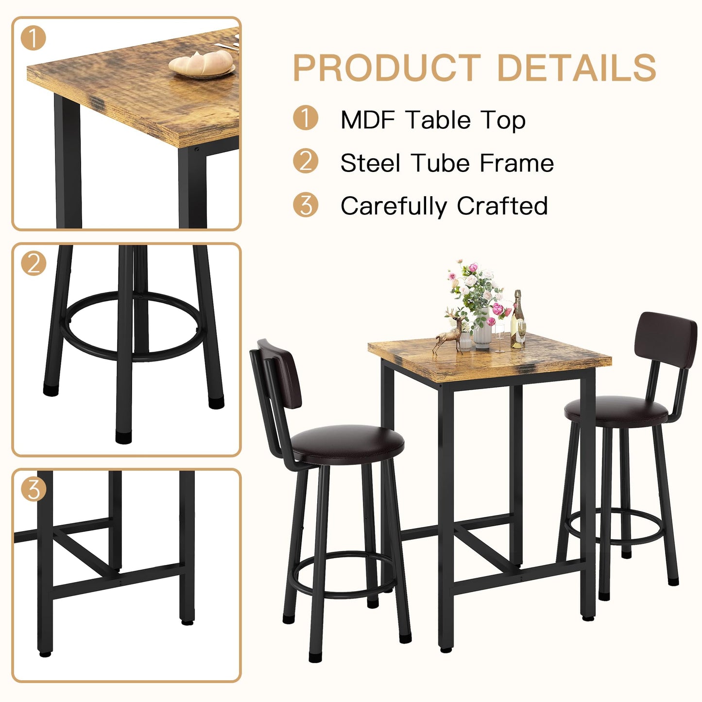 DKLGG 3-Piece Pub Dining Set - Stylish Bar Table with Versatile Chairs for Any Space