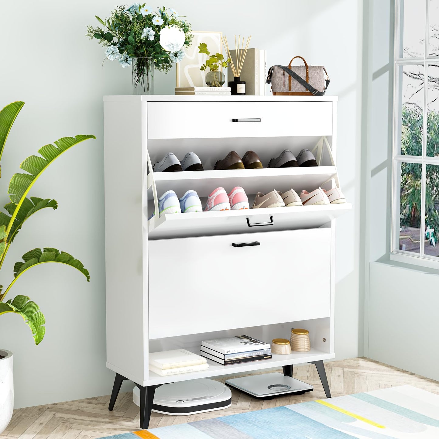 DKLGG Entryway Shoe Cabinet - Freestanding Gray Organizer with 2 Flip-Flop Drawers