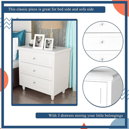 DKLGG White 3-Drawer Nightstand – Stylish Bedroom End Table with Storage