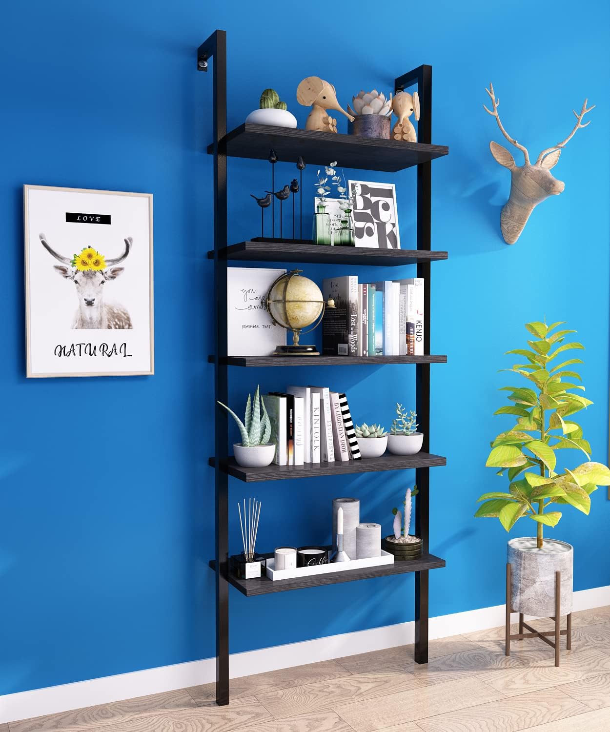 DKLGG 5-Tier Wall Mounted Bookcase - Industrial Ladder Shelf for Home Organization