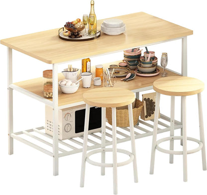 DKLGG 2-Person Beige Wooden Table Set - Functional Dining Solution with Seating & Storage