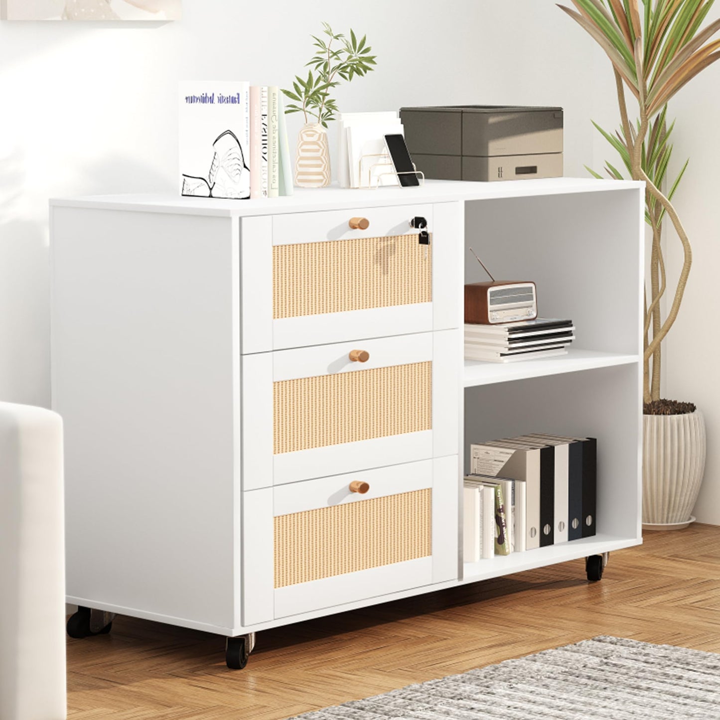 DKLGG White File Cabinet with Drawers and Locks, Wooden Printer Shelf with Locker, Rattan Office Locker