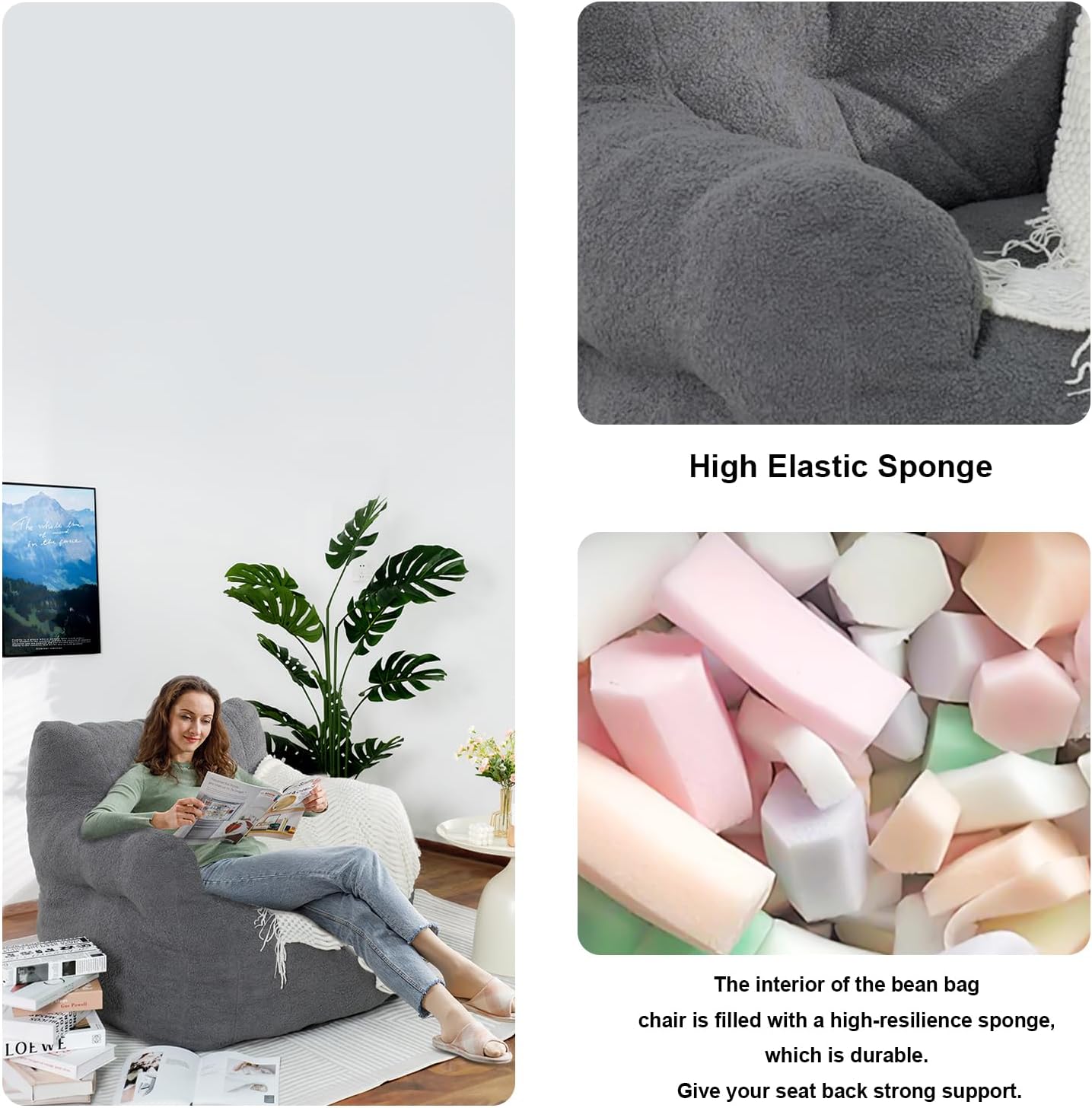 DKLGG Adult Jumbo Bean Bag Chair in Grey - Ultimate Comfort with Extra Padding