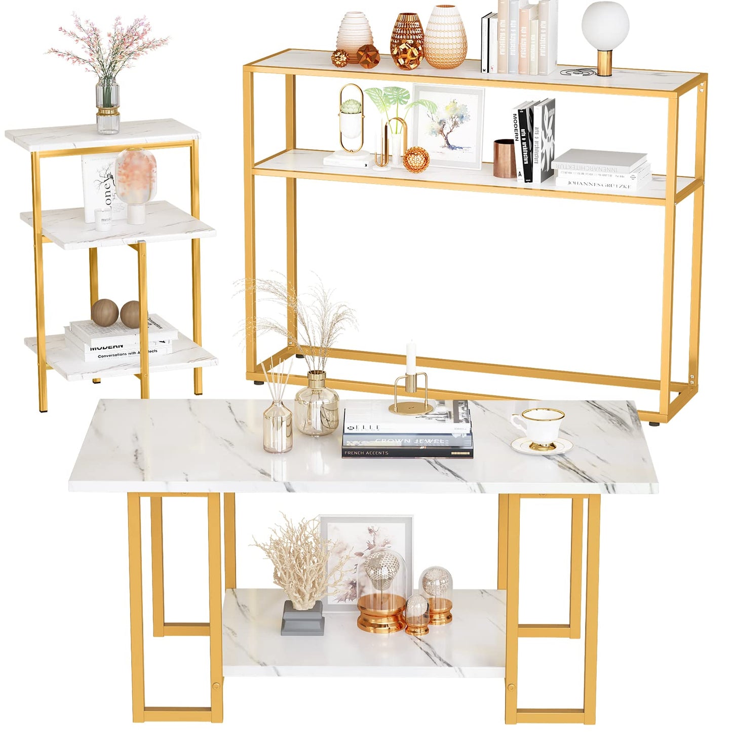 DKLGG Gold + White Marble Coffee Table Set - 3-Tier Design for a Sophisticated Living Room Look