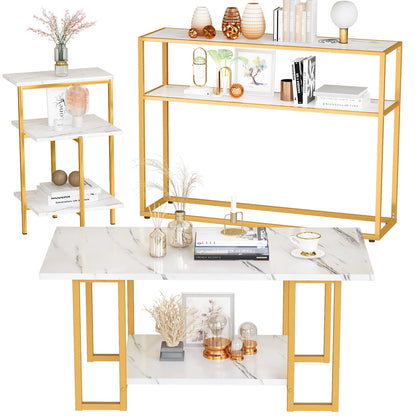 DKLGG Gold + White Marble Coffee Table Set - 3-Tier Design for a Sophisticated Living Room Look