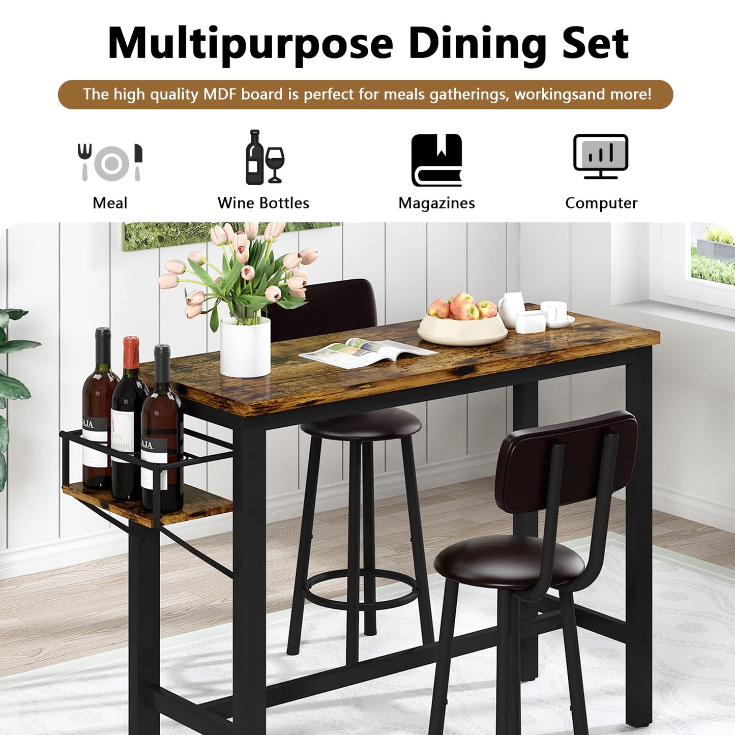 DKLGG Compact Kitchen Table Set - Bar Table and 3 Chairs for Small Spaces