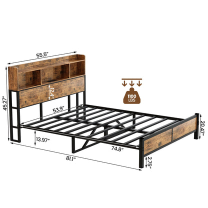 DKLGG Modern Queen Size Bed Frame - Walnut Finish with Functional Storage Headboard and Charging Station