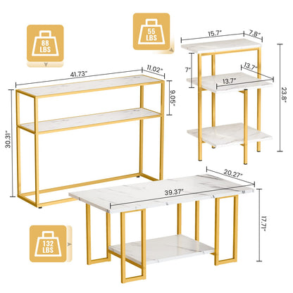 DKLGG Gold + White Marble Coffee Table Set - 3-Tier Design for a Sophisticated Living Room Look