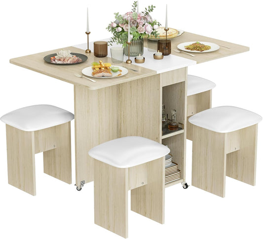 DKLGG Compact Folding Dining Table Set for 4 - Beige with 4 Stylish Leather Chairs and Shelf