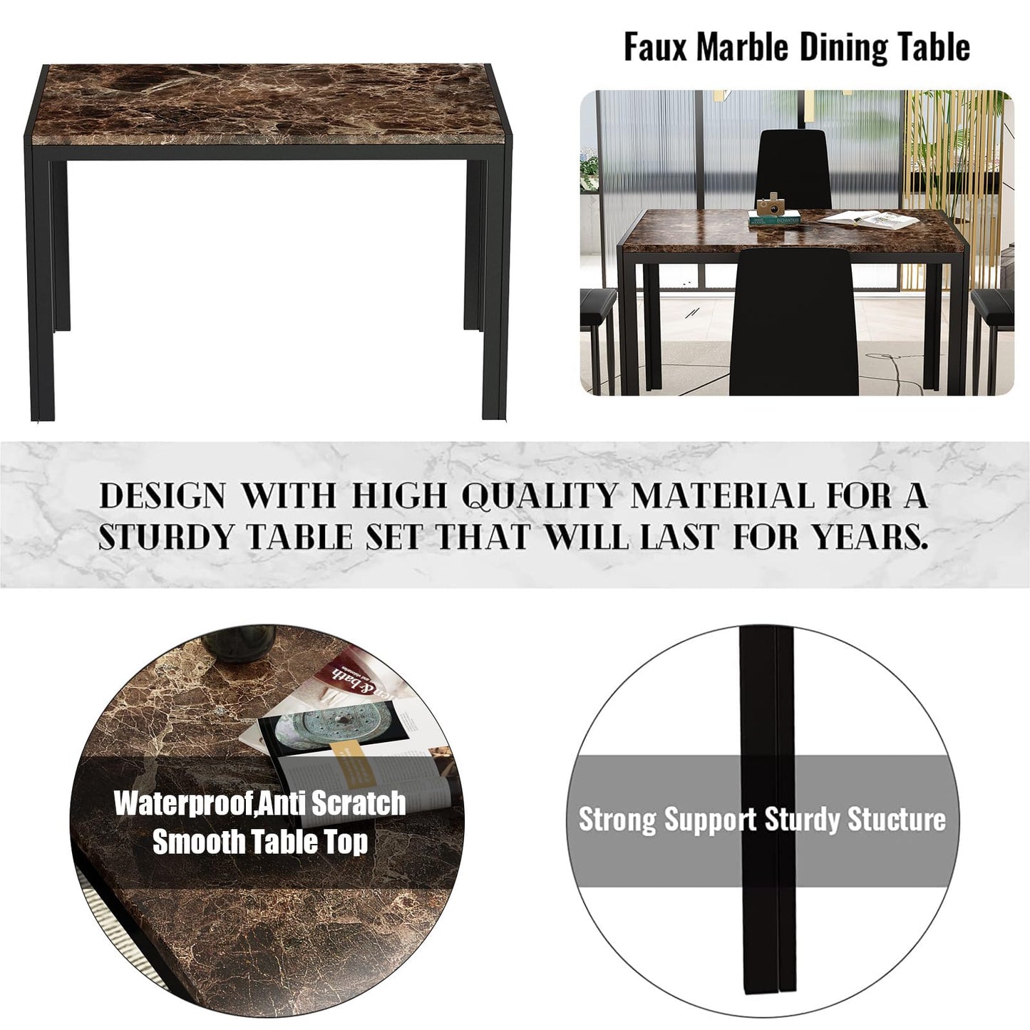 DKLGG Stylish 5-Piece Dining Table with 4 PU Leather Chairs – Faux Marble Finish