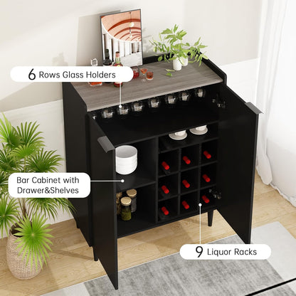 DKLGG Stylish Black Wine Cooler – 37” Bar Cabinet for Your Kitchen or Home