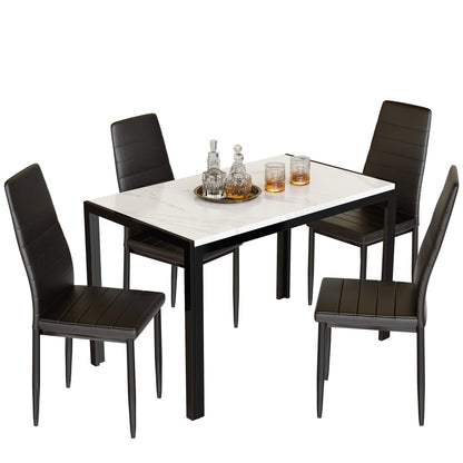 DKLGG Stylish 5-Piece Dining Table with 4 PU Leather Chairs – Faux Marble Finish