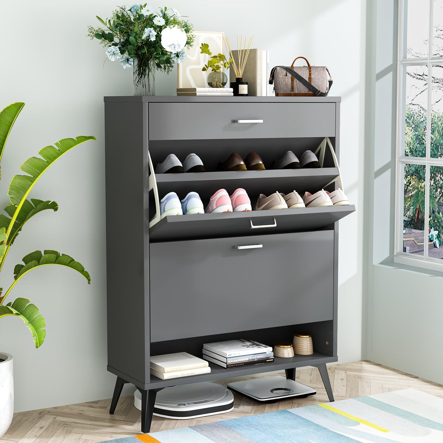 DKLGG Entryway Shoe Cabinet - Freestanding Gray Organizer with 2 Flip-Flop Drawers